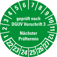 Prüfplakette geprüft DGUV Vorschrift 3 - Nächster Prüftermin 22-27- Grün - Ø 30mm - 500/Rolle